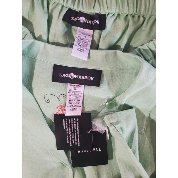 Vtg Sag Harbor Embroidered Flower Linen Blend Top Pant Set Plus Size 18 Green - Picture 6 of 13